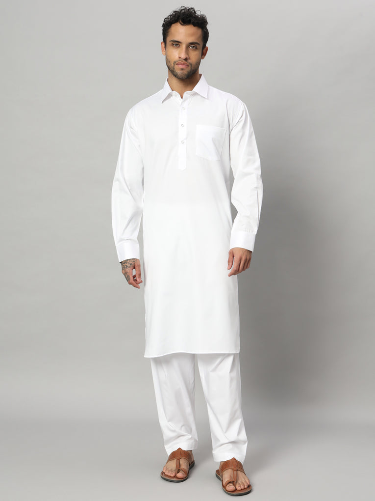 Men's White premium quality 100% Cotton Solid Pathani Set  - Ego Trip