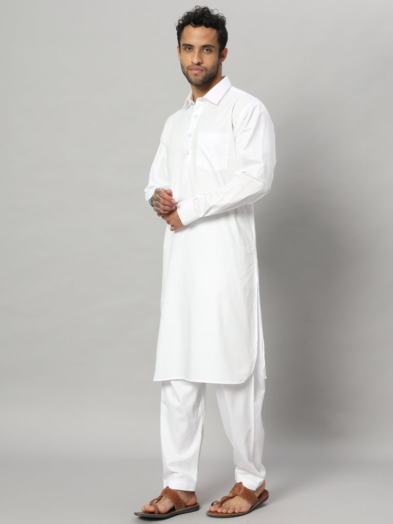 Men's White premium quality 100% Cotton Solid Pathani Set  - Ego Trip