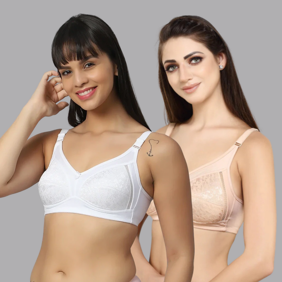 BlueNixie online Full coverage Minimizer Bra Combo set of 2 White- Skin Color