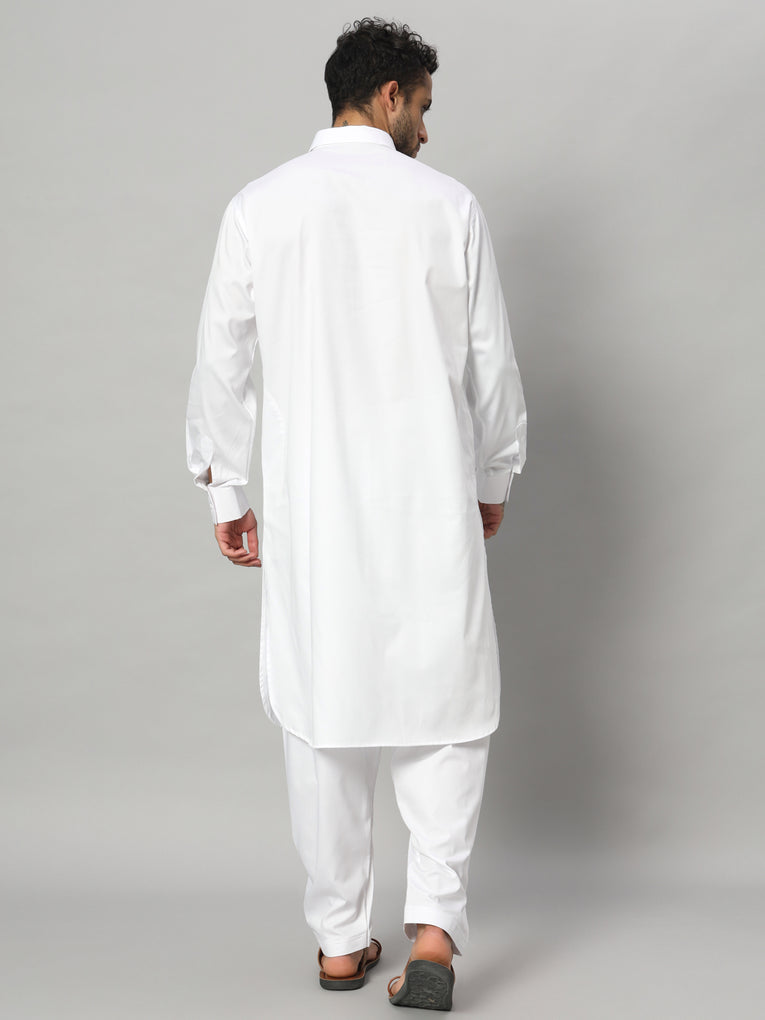 Men's White premium quality 100% Cotton Solid Pathani Set  - Ego Trip