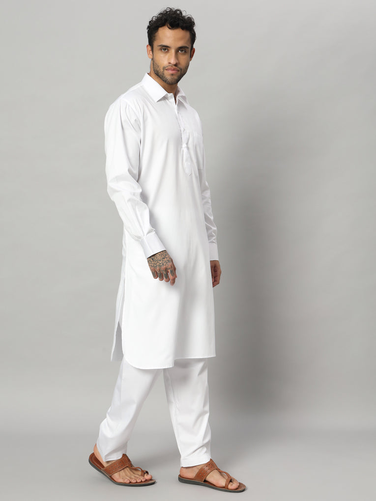 Men's White premium quality 100% Cotton Solid Pathani Set  - Ego Trip