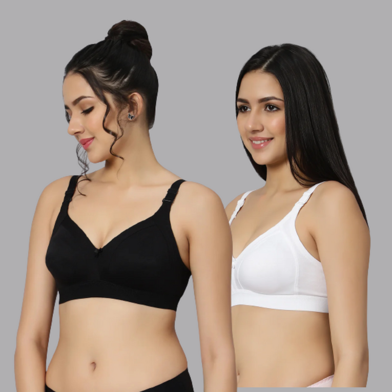 Full Coverage Cotton T-shirt Bra Combo set of 2 Black-White Color - Bluenixie