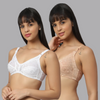 Butterfly Print net Full Coverage Bra Combo Set of 2 White-Skin Color - Bluenixie