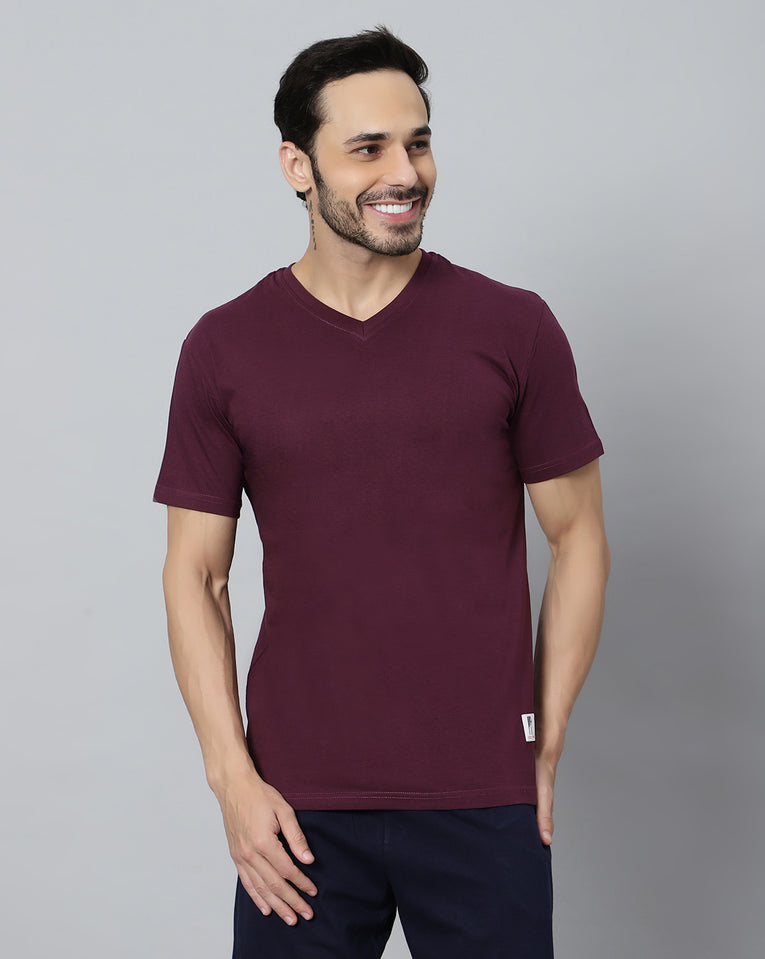 Men-Model-wearing-Ego-Trip-V-Neck-half-sleeve-Maroon-colort-shirt-wearing