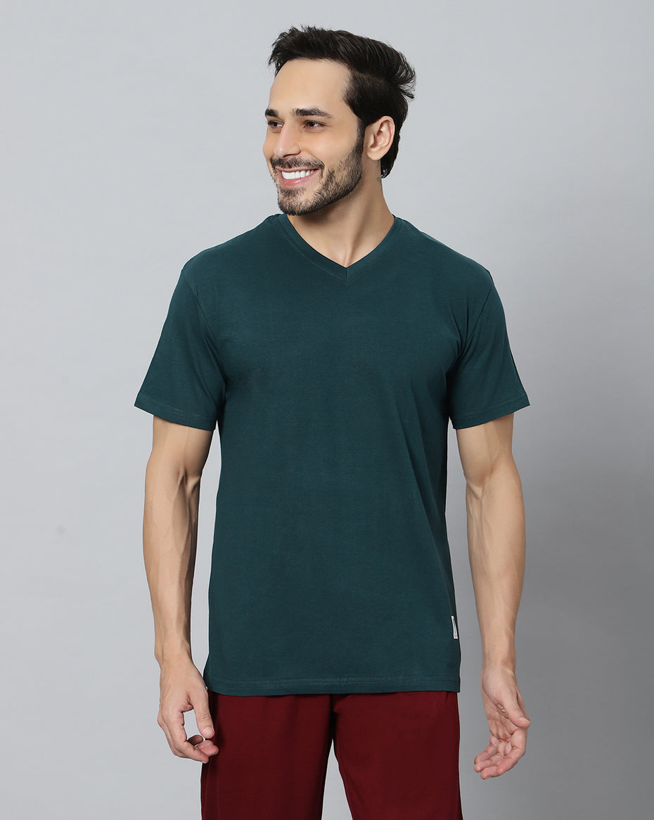 Side-look-Men-Model-wearing-Ego-Trip-V-Neck-half-sleeve-Aiirforce-color-t-shirt