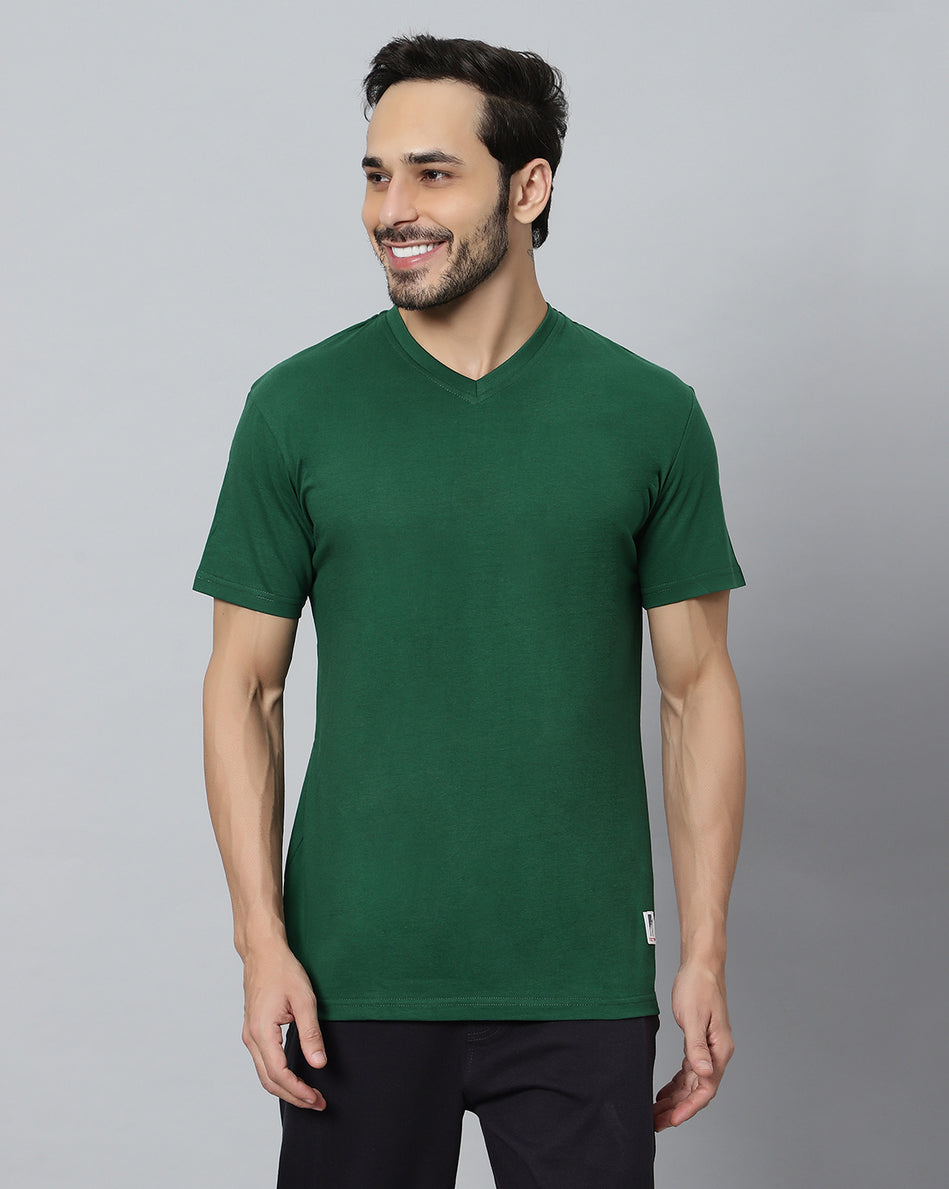 Men-Model-wearing-Ego-Trip-V-Neck-half-sleeve-olive-color-t-shirt-wearing